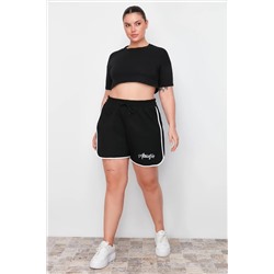 Trendyol Curve Siyah Slogan Baskılı Biye Detaylı Örme Büyük Beden Şort & Bermuda TBBSS24AP00028