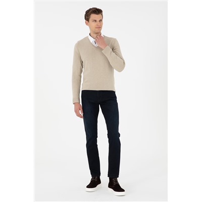 Erkek Slim Fit V Yaka Haki Melanj Basic Kazak