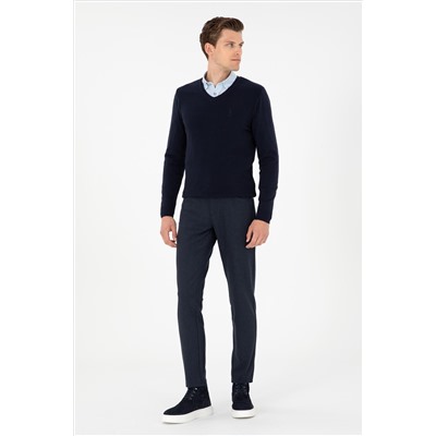 Erkek Slim Fit V Yaka Lacivert Basic Kazak