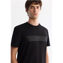 Siyah Bisiklet Yaka Baskılı Elastan T-Shirt