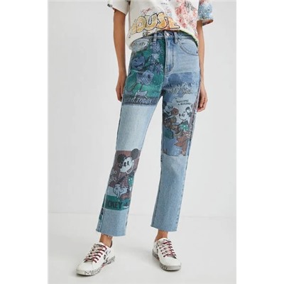 Pantalón vaquero straight cropped Mickey Mouse