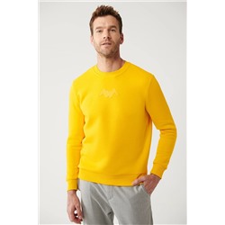 Avva Erkek Sarı Bisiklet Yaka 3 İplik Şardonlu Flok Baskılı Standart Fit Normal Kesim Sweatshirt A32Y1273