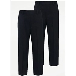 Boys Navy Longer Length Half Elastic School Trouser 2 Pack