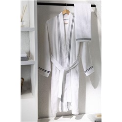 Rouen %100 Pamuk Unisex Bornoz - Beyaz/Lacivert - Lüks Koleksiyon