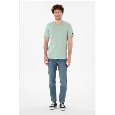 Erkek Regular Fit  V Yaka Su Yeşili Basic Tişört