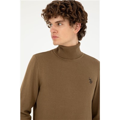Erkek Slim Fit Boğazlı Yaka Haki Basic Kazak