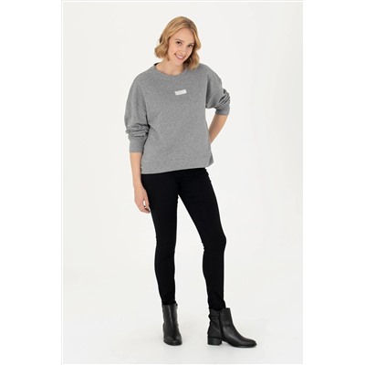 Kadın Gri Melanj Bisiklet Yaka Basic Sweatshirt