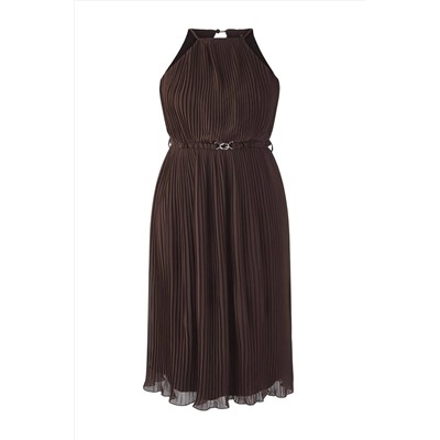 Kahverengi Bodycon Maxi Boy Şifon Dokuma Büyük Beden Elbise TBBSS25AH00252