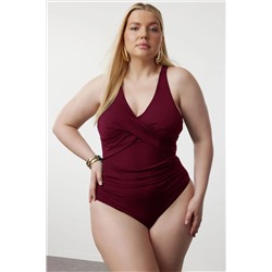 Trendyol Curve Bordo Belde Cut Out Mesh/Tül Detaylı Büyük Beden Mayo TBBSS23AM00037