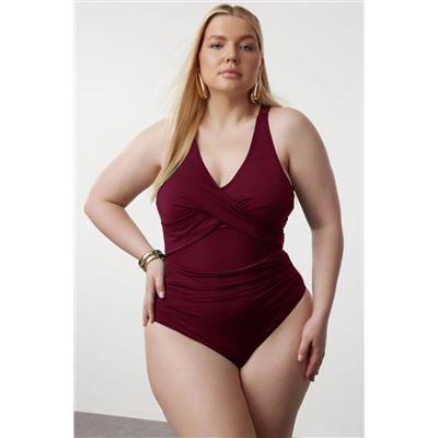 Trendyol Curve Bordo Belde Cut Out Mesh/Tül Detaylı Büyük Beden Mayo TBBSS23AM00037
