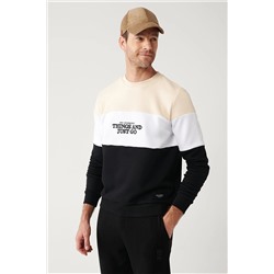 Avva Erkek Bej-Beyaz-Siyah Bisiklet Yaka Parçalı Sweatshirt A32Y1197