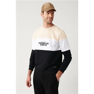 Avva Erkek Bej-Beyaz-Siyah Bisiklet Yaka Parçalı Sweatshirt A32Y1197