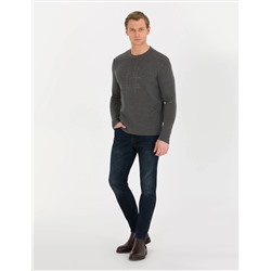 Gri Melanj Slim Fit Bisiklet Yaka Triko Kazak