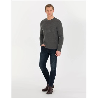 Gri Melanj Slim Fit Bisiklet Yaka Triko Kazak