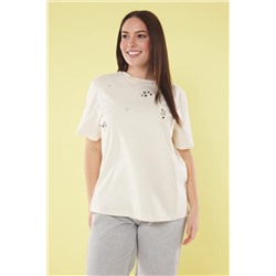 Bej Bisiklet Yaka Çiçek İşlemeli Örme Büyük Beden T-shirt TBBSS25BF00024
