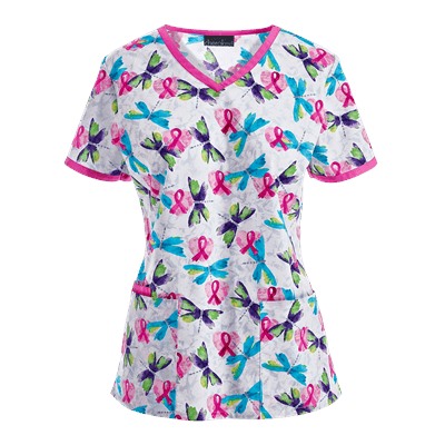 Cherokee Scrubs Flying Hearts V-Neck Print Top