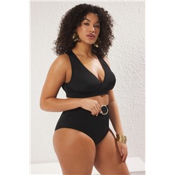 Siyah Yüksek Bel Belinde Aksesuar Detaylı Büyük Beden Bikini Altı TBBSS25CR00006