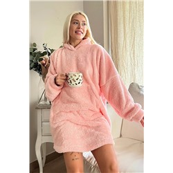 Pijamaevi Somon Kapşonlu Tam Peluş Oversize Sweat Panço Pijama 2392