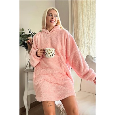 Pijamaevi Somon Kapşonlu Tam Peluş Oversize Sweat Panço Pijama 2392