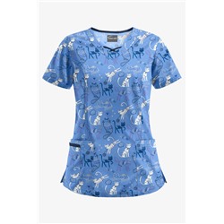 Butter-Soft Playful Cats Ceil Women's 3-Pocket Criss Cross Print Scrub Top