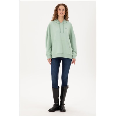 Kadın Su Yeşili Kapüşonlu Basic Sweatshirt