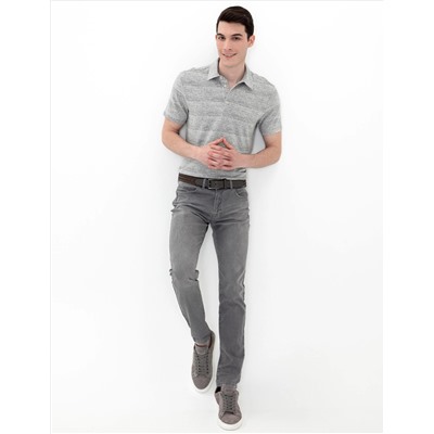 Gri Melanj Slim Fit Baskılı Polo Yaka Tişört