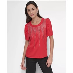 Women's Crewneck Embellished-Fringe Short-Sleeve Top