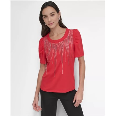 Women's Crewneck Embellished-Fringe Short-Sleeve Top