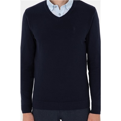 Erkek Slim Fit V Yaka Lacivert Basic Kazak