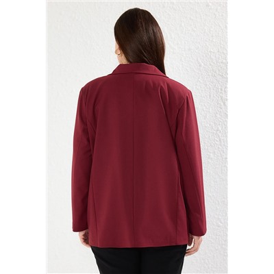 Bordo Astarlı Oversize/Bol Kesim Blazer Dokuma Büyük Beden Kumaş Ceket TBBAW25AG00019