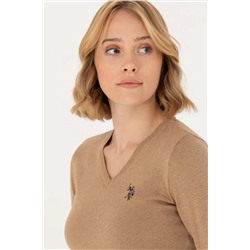Kadın Camel Melanj V - Yaka Basic  Kazak