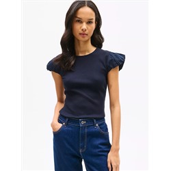 Mixed Media Shirred Cap-Sleeve T-Shirt