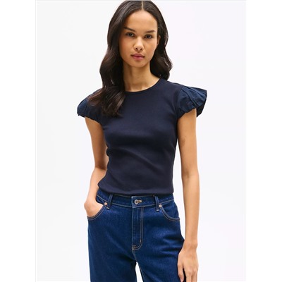Mixed Media Shirred Cap-Sleeve T-Shirt