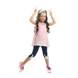 Denokids, Tavşan Aplikeli Kız Çocuk Pembe Lacivert Yazlık T-shirt Tunik Tayt Takım