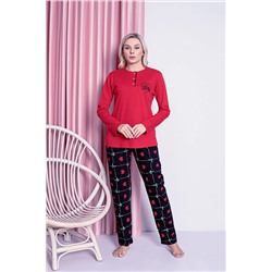 AHENGİM Kadın Pijama Takımı Genç Interlok Kalpli Ekose Pamuklu Mevsimlik W20372246 1-2-10001188
