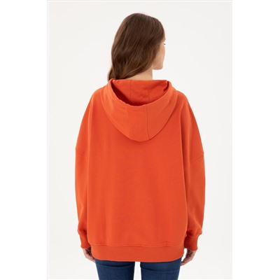 Kadın Kiremit Kapüşonlu Basic Sweatshirt