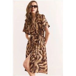 Olalook, Kadın Camel Kahverengi V Yaka Kuşaklı Dokuma Mini Gömlek Elbise Elb-19002380