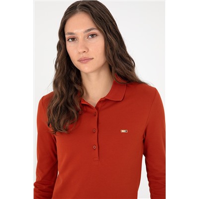 Kadın Kiremit Basic Polo Yaka Sweatshirt
