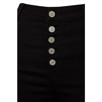Solmayan Siyah Önden Düğmeli İspanyol Paça Yüksek Bel Jeans TBBAW24CJ00001