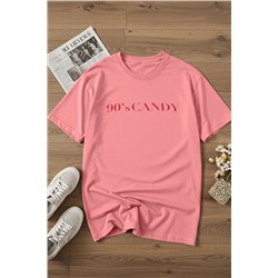 Pembe Geniş Kalıp Baskılı Bisiklet Yaka %100 Pamuk Örme T-shirt TBBSS23BF00015