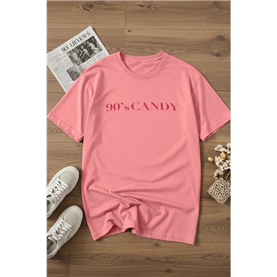 Pembe Geniş Kalıp Baskılı Bisiklet Yaka %100 Pamuk Örme T-shirt TBBSS23BF00015