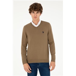 Erkek Slim Fit V Yaka Haki Basic Kazak