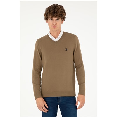 Erkek Slim Fit V Yaka Haki Basic Kazak