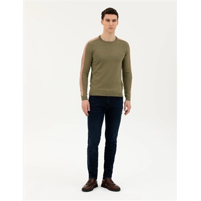 Haki Slim Fit Bisiklet Yaka Triko Kazak