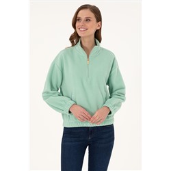 Kadın Su Yeşili Dik Yaka Fermuarlı Polar Sweatshirt