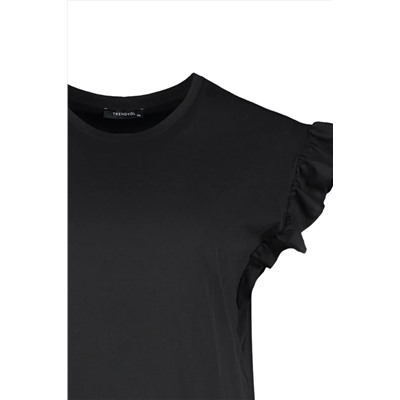 Siyah Bisiklet Yaka Kolları Fırfırlı %100 Pamuk Örme T-Shirt TBBSS23BF00006