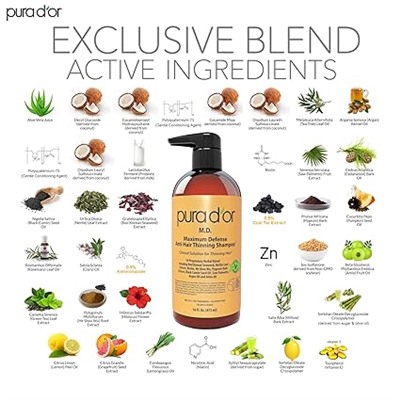 PURA D'OR MD Anti-Thinning Biotin Shampoo & Conditioner Set (16oz x2) Maximum Defense Coal-Tar Strong Scented DHT Blocker Hair Thickening Products For Women & Men, Daily Shampoo For Scalp Health