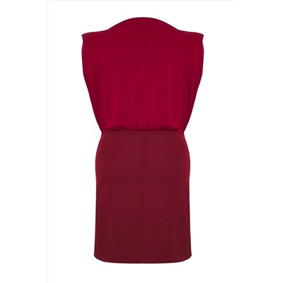 Bordo Vatkalı Mini Kolsuz Dokuma Büyük Beden Elbise TBBSS25AH00202