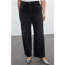 Antrasit Yüksek Bel Cepleri Taşlı Geniş Paça Büyük Beden Jeans