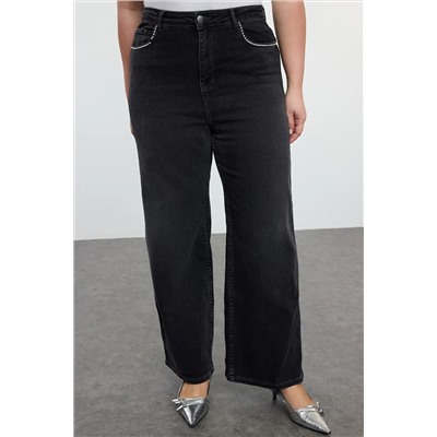 Antrasit Yüksek Bel Cepleri Taşlı Geniş Paça Büyük Beden Jeans